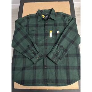 NWT Carhartt 2XL Adult Button Flannel Shirt Green Plaid Heavyweight Mens